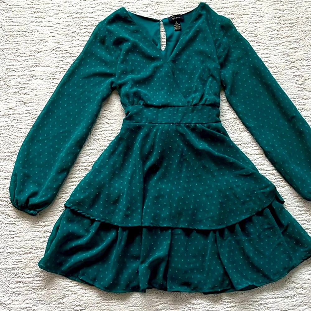 Japna Green Flowy Long Sleeve Mini Dress w Blended Polka Dot size small - Picture 15 of 15
